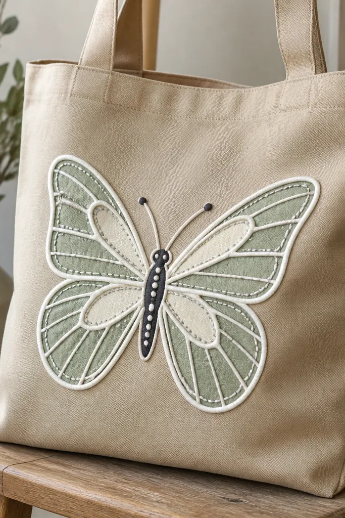 A tan tote shows a butterfly outlined with raised white fabric paint. The wing sections have stitched-looking lines in light gray, and inside each section are muted sage and warm cream fills. The body is dark with tiny raised dots.
