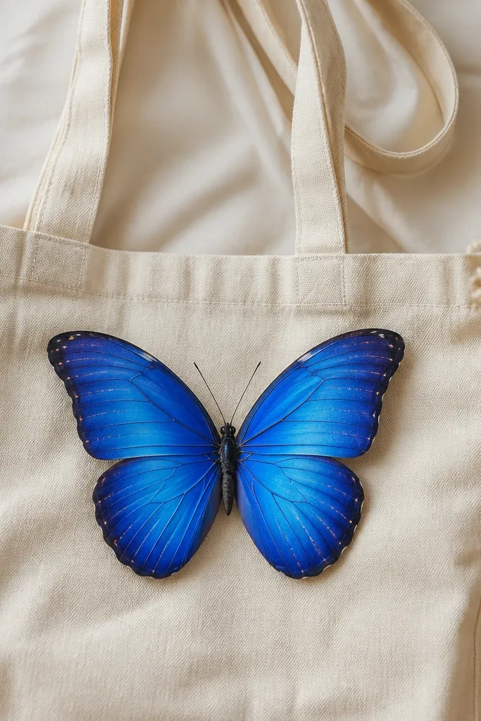 A cream tote holds a butterfly with layered blue wings. The outer edges are deep cobalt, the center is bright electric blue, and there are thin streaks of silver shimmer running across the wings like light reflections. The body is charcoal with a silver line down the thorax.