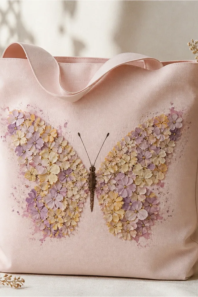 A light pink tote shows a butterfly shape filled with tiny pressed flower petals. The wings have pale lilac and butter-yellow petal fragments, with paint accents around the edges. The body is painted in dark brown, and there are faint watercolor splatters behind the wings.