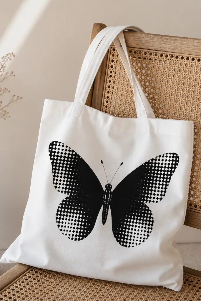 A white tote has a black butterfly silhouette filled with halftone dots. The wings are mostly black with white dot clusters at the tips, and the body has a clean solid shape with a few white highlights. Antennae are thin black lines with tiny dot ends.