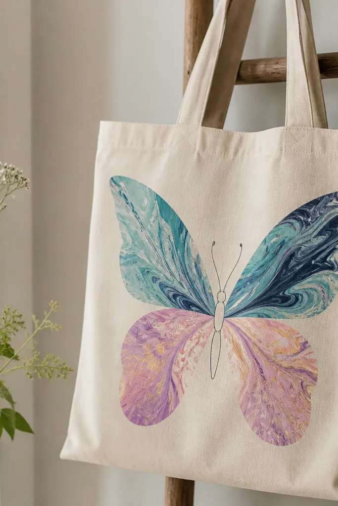 A cream tote shows marbled butterfly wings. The top wing has swipes of teal and navy that blend into each other with streaks, while the bottom wing has lilac, pink, and a touch of gold marbling. The body is a simple dark line drawing.
