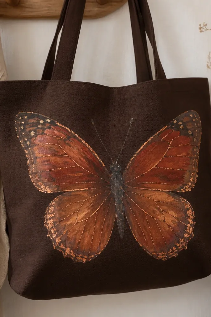A dark brown tote shows a butterfly with warm rust and burnt orange wings. Copper leaf pieces sit on the wing veins and along the outer edge, catching light. The body is painted charcoal, and there are tiny cream dots near the wing tips.