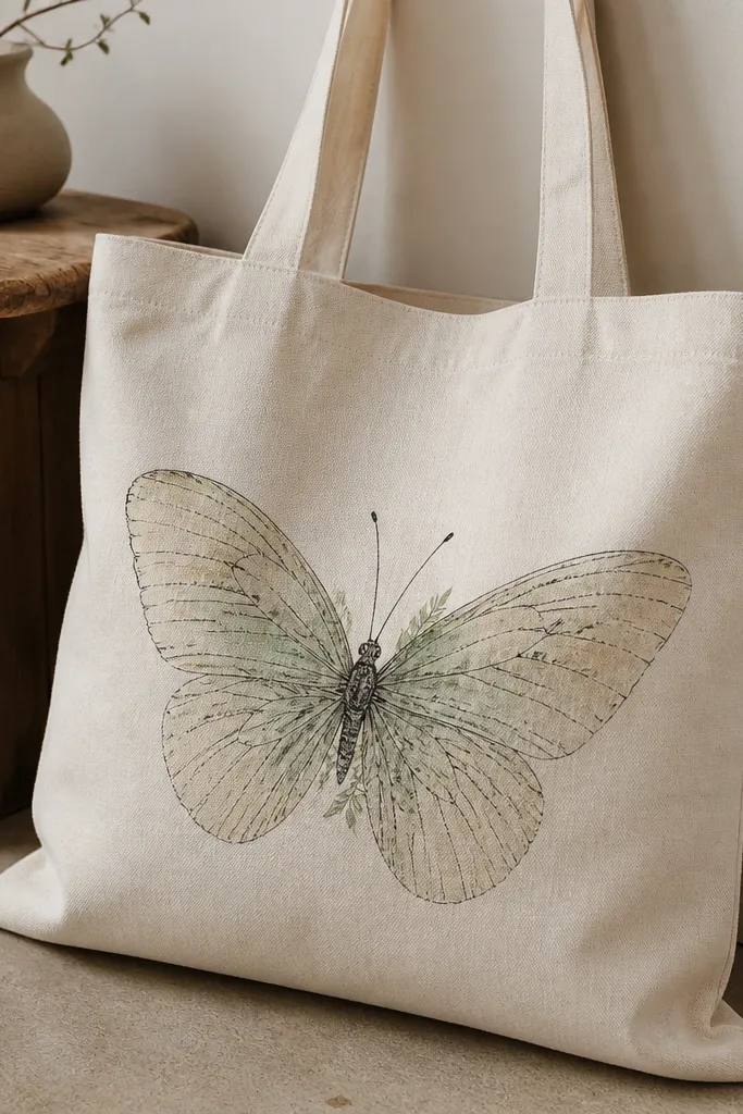 A natural canvas tote shows a butterfly drawn like a field sketch. The wings are pale green and beige washes, and the veins are drawn with thin black lines that look like small handwriting. There are tiny leaf-like marks near the wing base.