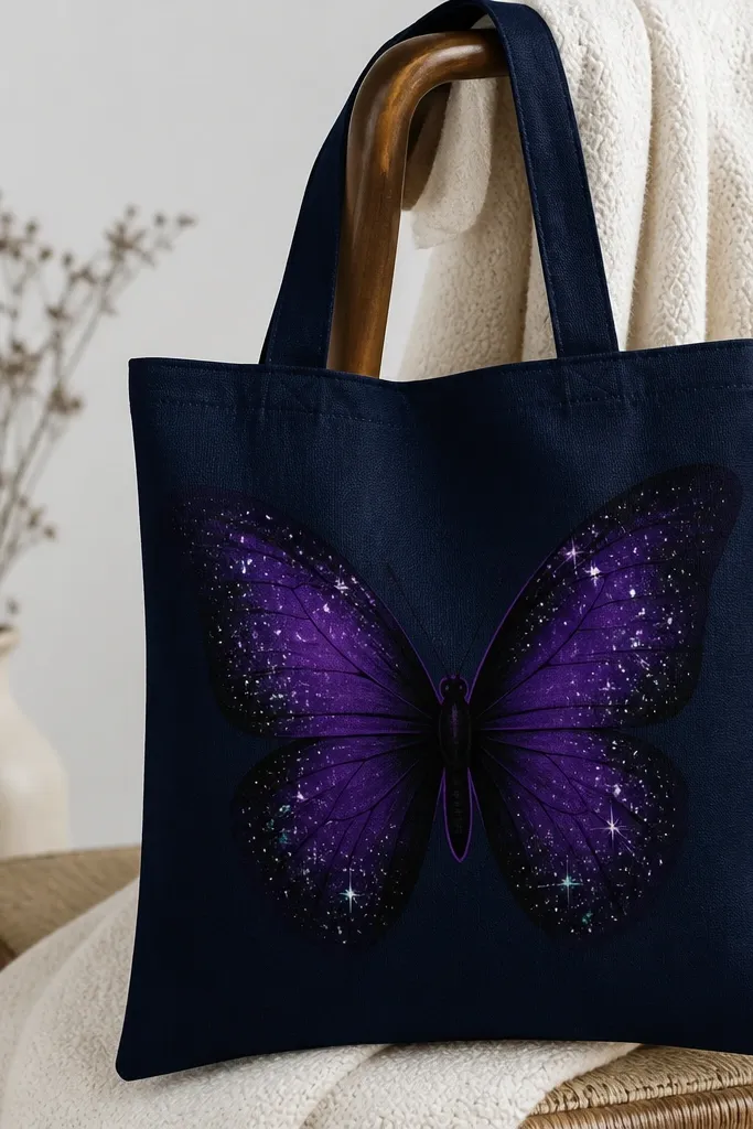 A dark navy tote shows a butterfly with deep purple wings fading into black. There are white and silver star speckles across the wings and a few tiny teal highlights. The body is painted in near-black with a subtle purple outline.