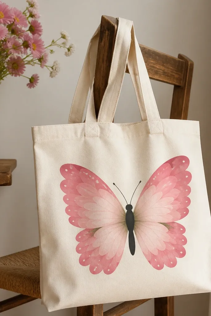 A cream tote has a butterfly where each wing has petal-like scallops. The wings are pink with lighter blush centers and tiny white dot accents. The body is dark charcoal, and the wings have a few faint greenish shadows near the base.