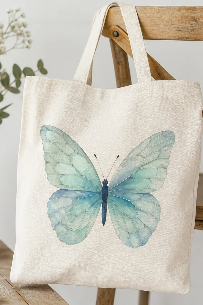 An off-white tote shows a butterfly with sea-glass colors. Wings are layered in translucent turquoise, aqua, and pale mint with a slightly frosted look. The wing veins are outlined in soft gray, and the body is painted in dark blue-gray.
