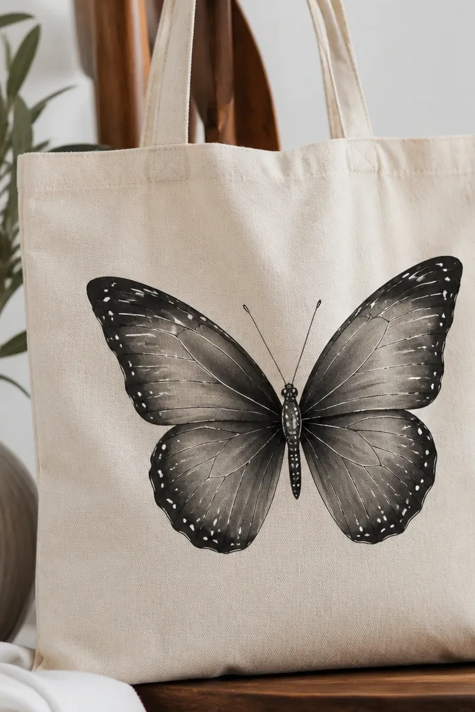 A natural canvas tote has a butterfly drawn in black ink-like lines. The wings are mostly black wash with lighter gray shading. White gel pen dots and a few streak highlights sit on the wings, and the body is a crisp black line with small white points.