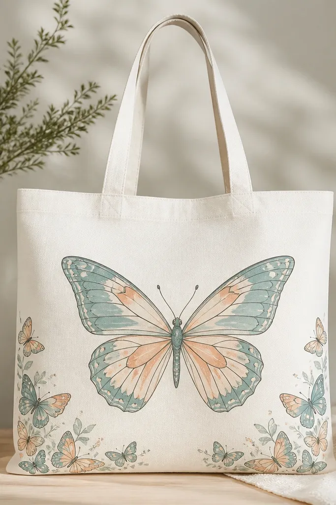 A light tote has a large butterfly centered on the front. Around the lower corners, smaller butterflies repeat in a border pattern. The wings are coordinated in one palette: muted teal and peach, with thin gray outlines and tiny dot accents.