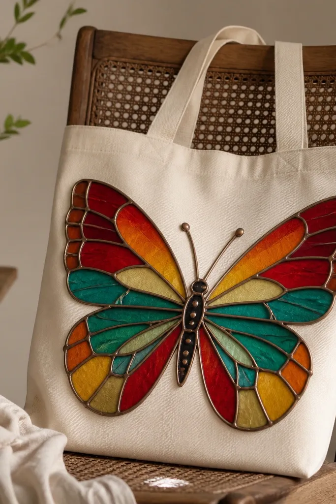 A cream tote shows a butterfly made with stained-glass panels. Raised outlines form a web of lines inside the wings. Each panel is filled with translucent colors: ruby red, amber orange, teal, and pale yellow. The body is dark with a few raised dots.