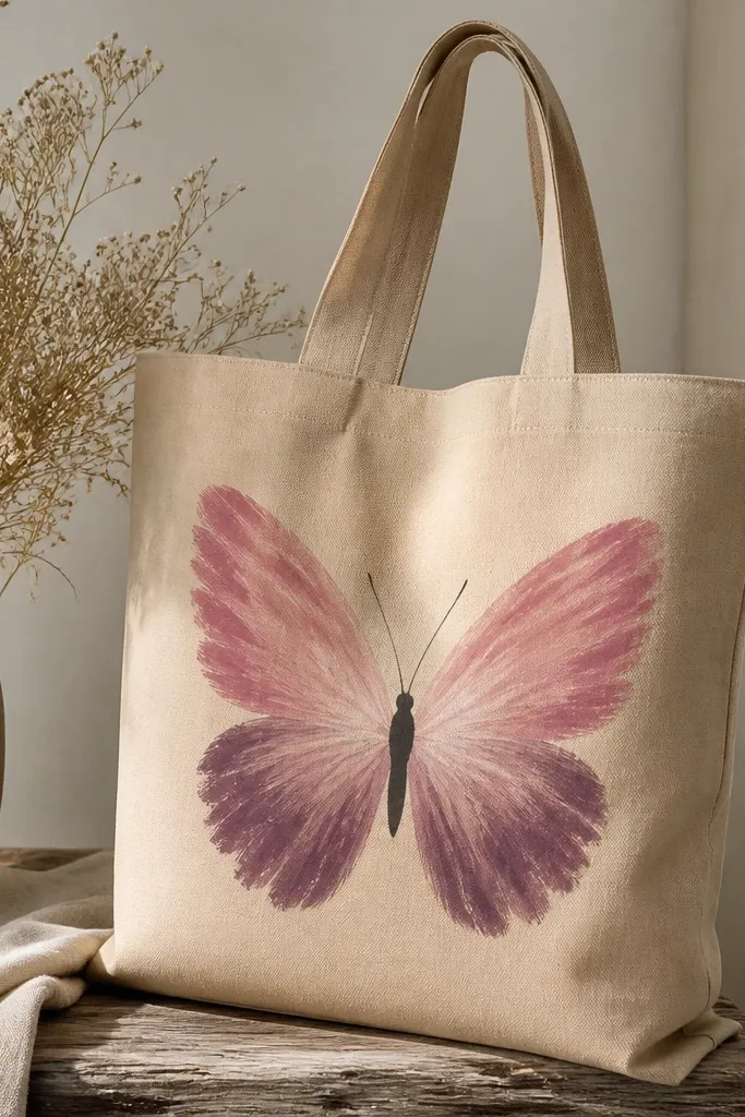 A tan tote has a butterfly silhouette where the wings are filled with dry-brushed strokes. Colors are dusty rose and dusty plum, with lighter dry-brush highlights near the wing center. The edges are clean, and the body is a solid dark shape with thin antenna lines.