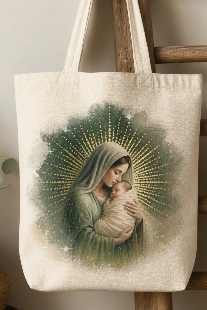 A natural canvas tote with a centered illustration of Mary holding a swaddled baby, surrounded by a hand-painted star burst. The star points are painted in metallic gold dots and the background uses deep evergreen green fading to soft sage. Small white sparkles sit around the figures.