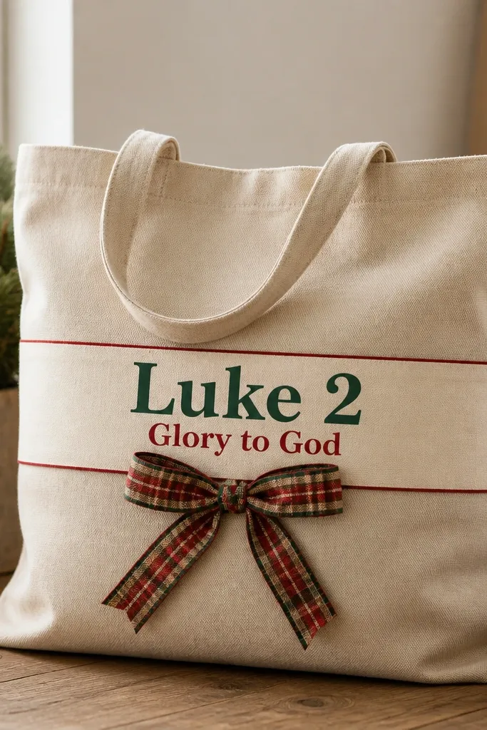 A tote bag with a horizontal banner across the middle. The banner is painted cream with a thin red border, and a plaid ribbon knot sits under the text. The letters read 'Luke 2' in dark green and the smaller line 'Glory to God' in red.
