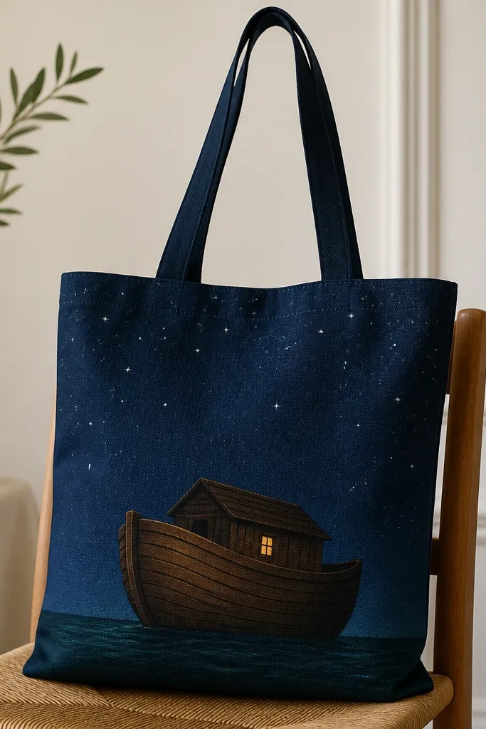A navy-blue night sky painted across the tote with scattered white stars. A simple ark silhouette sits on a dark teal water line. The ark has warm brown planks and a small window highlighted with gold.