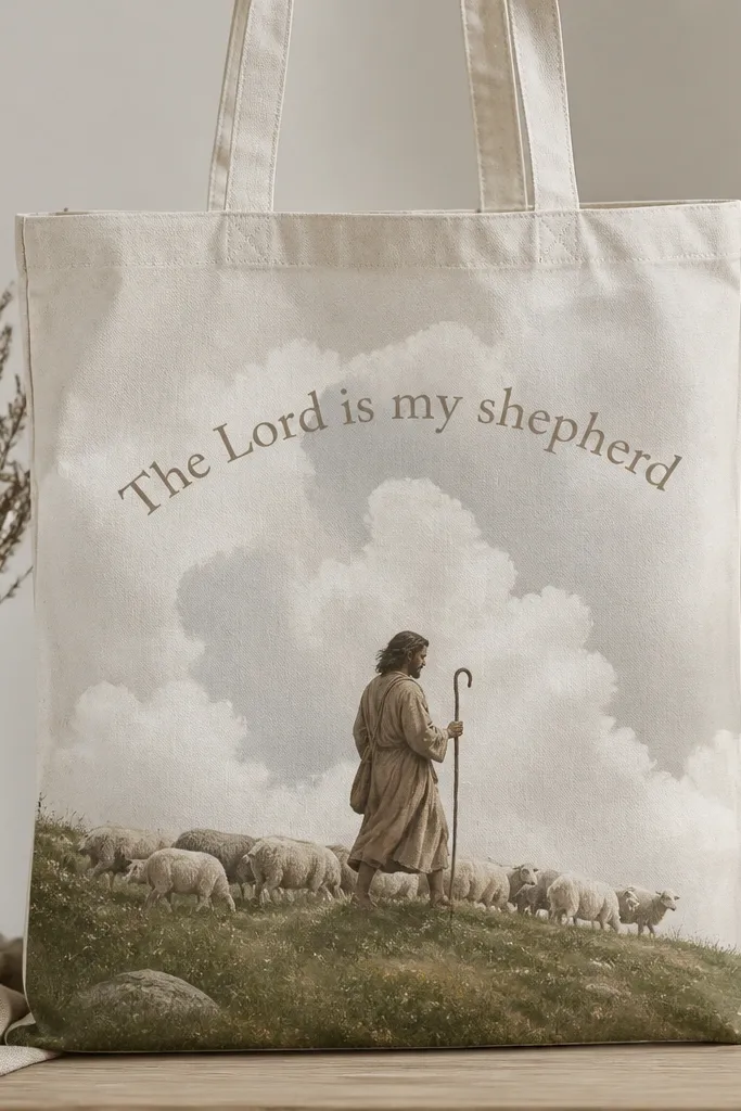 A natural tote with a central shepherd figure in muted brown walking in front of fluffy white and light gray clouds. A small green hill sits at the bottom, and the words 'The Lord is my shepherd' are lettered on a curved line above.
