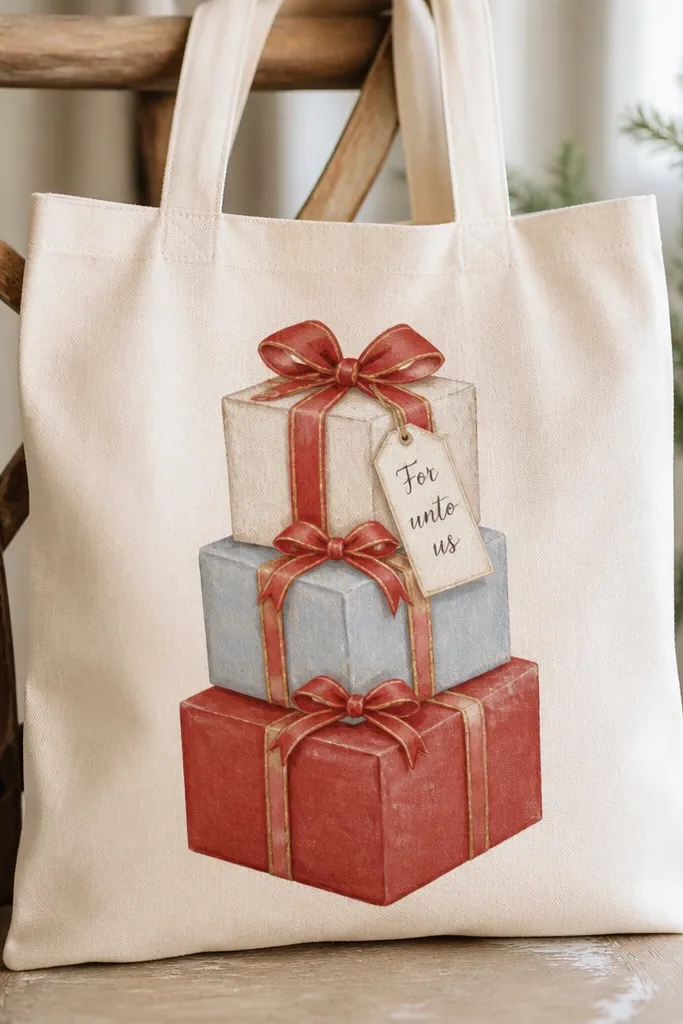 A tote with three stacked gift boxes painted in cream, light blue, and muted red. Each box has a red bow and thin gold ribbon lines. The phrase 'For unto us' is painted on a small tag hanging from the top box.