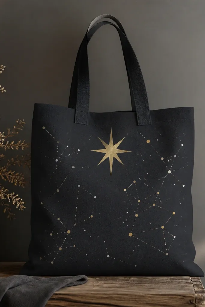 A tote with a large gold star centered near the top. Around it are scattered constellation dots in white and pale yellow, connected by thin faint lines. The background is a deep charcoal gray with a subtle gradient.
