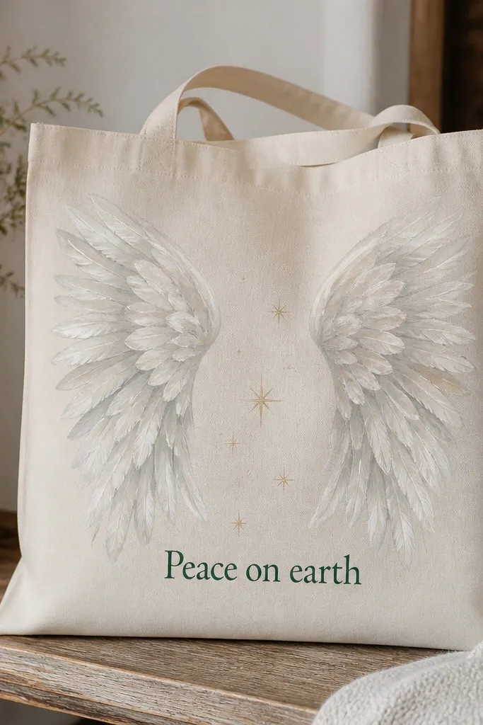 A tote featuring a pair of angel wings spanning most of the width. Feathers are painted with visible brushstrokes in off-white and light gray. Small gold sparkles sit between the wings, and a short verse 'Peace on earth' is written in dark green below.