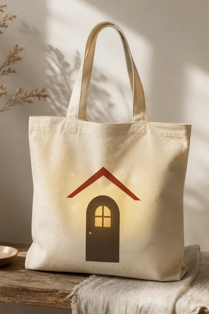 A tote with a dark brown door silhouette centered on the bag. Above the door is a muted red roof shape. A warm yellow glow radiates from a small window area, with a few white sparkles in the background.