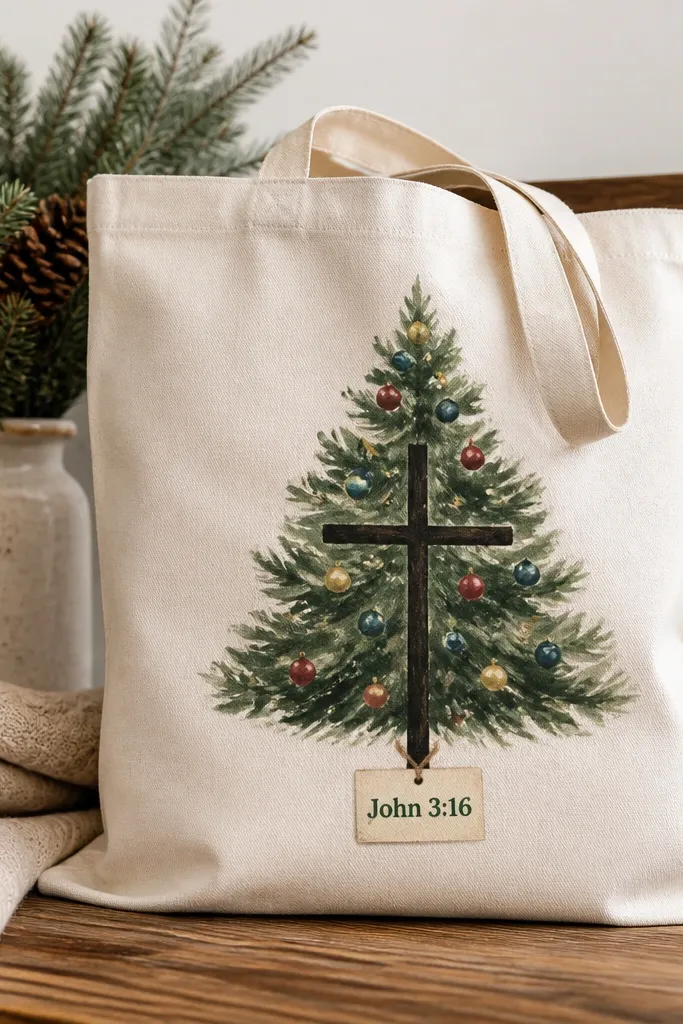 A tote with a stylized Christmas tree where the trunk is a dark cross shape. The tree is painted green with small colored ornaments (red, gold, blue). A small tag below reads 'John 3:16' in dark green.