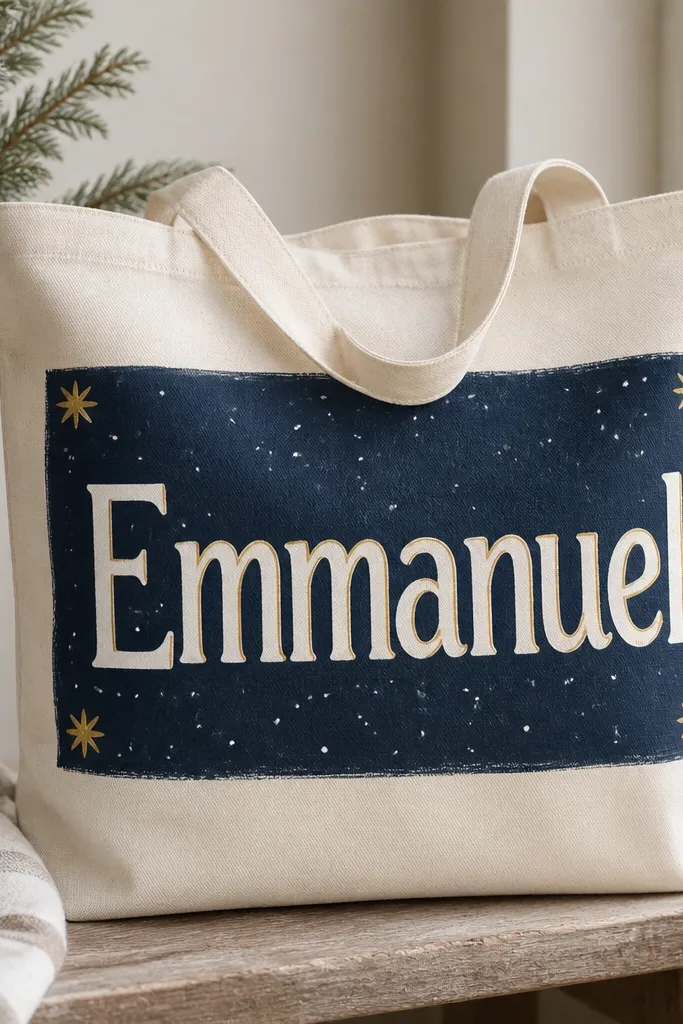 A tote with a navy rectangle centered on the bag. Over it, the words 'Emmanuel' are painted in large white letters with a thin gold outline. White snow dots scatter around the banner, and small gold stars sit in the corners.