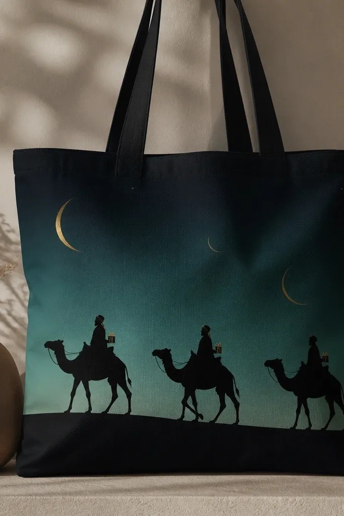 A side-view silhouette of three camels walking across the tote. Each camel has a small figure holding a gift box. The background is a gradient from teal to black with a few gold crescent highlights.