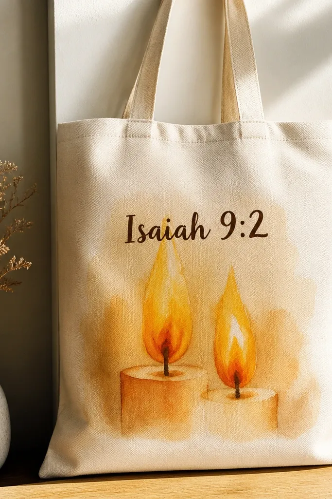 A tote with two simple candle flames painted in bright orange and pale yellow. Behind them is a soft background wash in warm beige. The words 'Isaiah 9:2' are painted in dark brown above the candles.