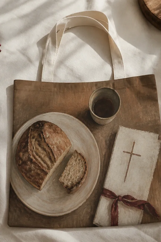 A tote with a top-down painted table setting: a loaf of bread on a plate, a small cup, and a simple cross drawn on a napkin. Colors are muted browns, off-white, and a tiny touch of crimson ribbon.