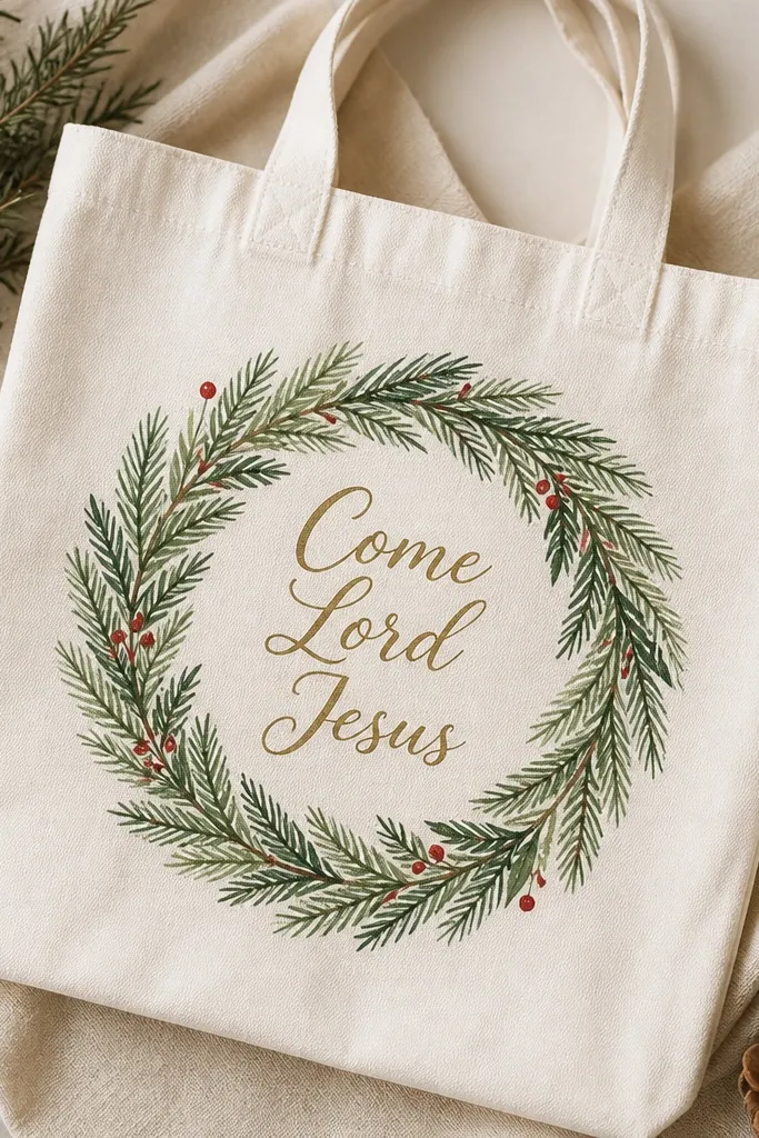 A wreath painted around the tote center. The wreath is made from pine needles in two greens and small berry dots in red. In the middle, cursive text reads 'Come Lord Jesus' in deep gold.