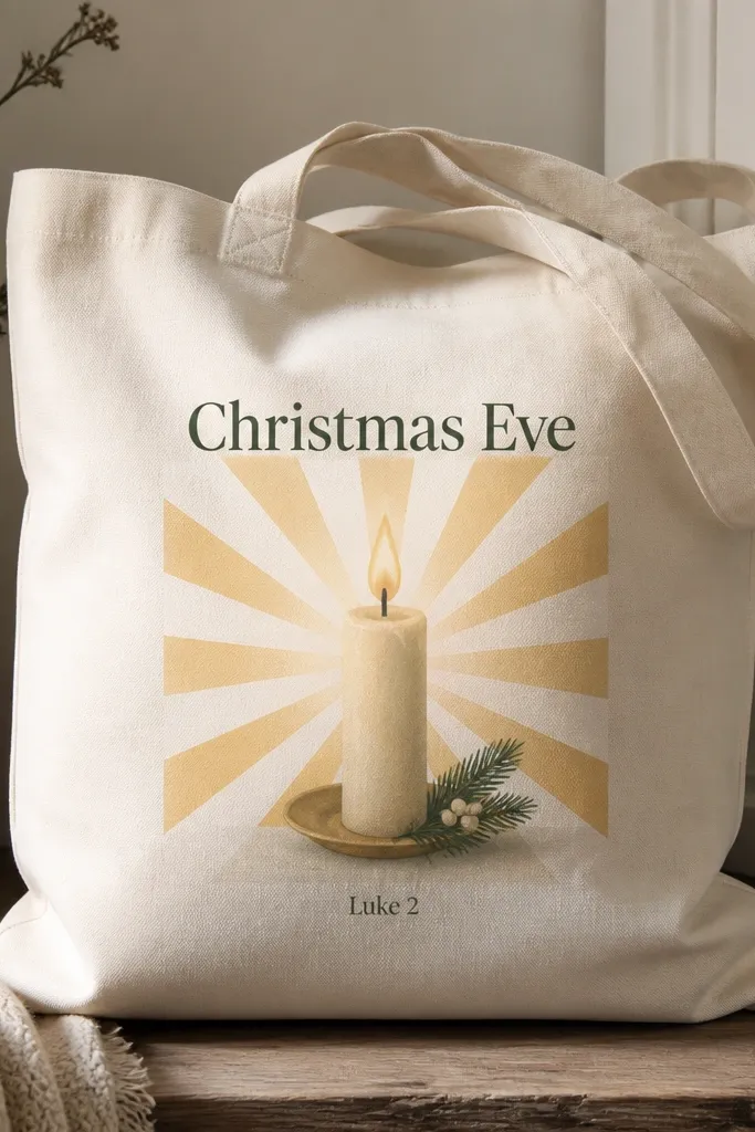 A tote with a single candle painted in the center. Behind it, radiating rays spread outward in alternating white and pale gold. The text 'Christmas Eve' is written above the candle in dark green, and the bible line 'Luke 2' is written below in smaller letters.