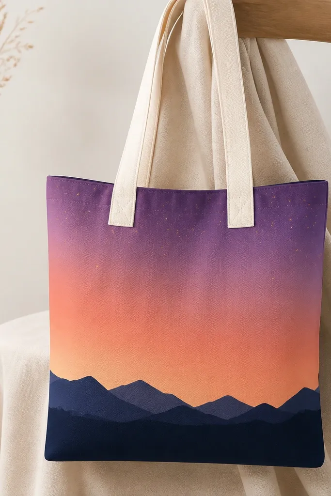 A cream tote bag with a smooth sunset gradient from coral to soft purple, ending in a dark navy mountain range. The sky has a few tiny yellow dots like stars near the top edge, and the mountains have a crisp, flat base.