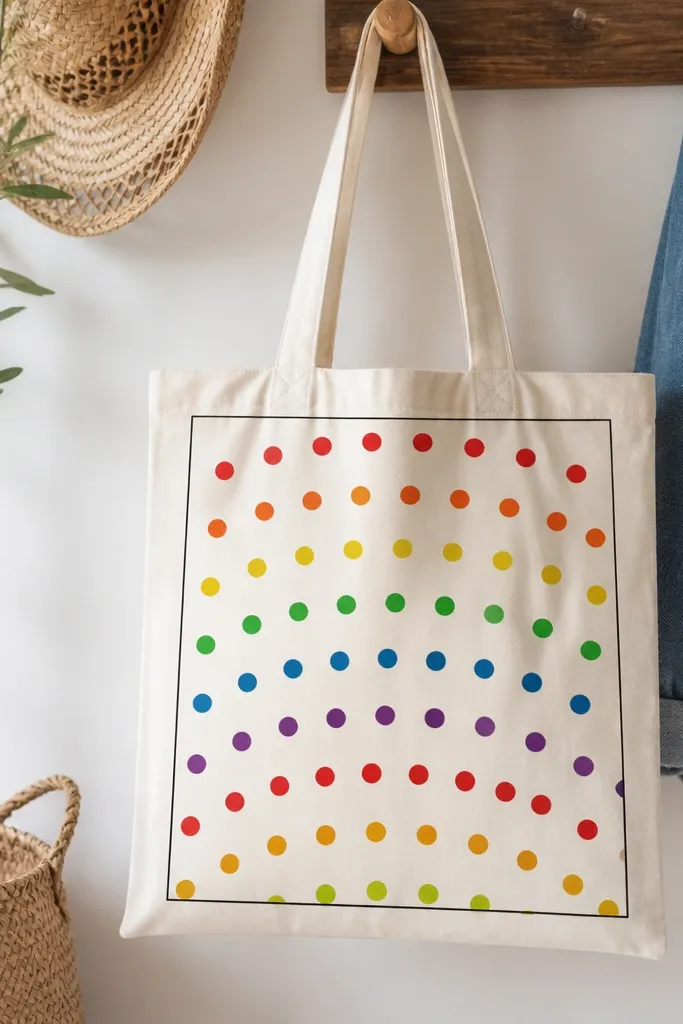 A natural canvas tote covered in evenly spaced rainbow polka dots arranged in curved rows, framed by a thin black rectangle border in the center. Each dot is a different bright color - red, orange, yellow, green, blue, and purple.