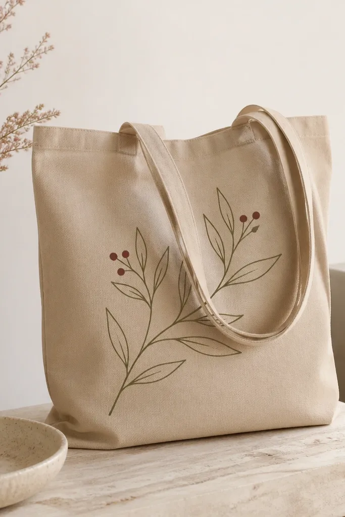 A beige tote with a single branch painted in dark olive. Thin one-line leaves extend upward and outward, and there are a few small berry dots in muted burgundy near the branch tips.