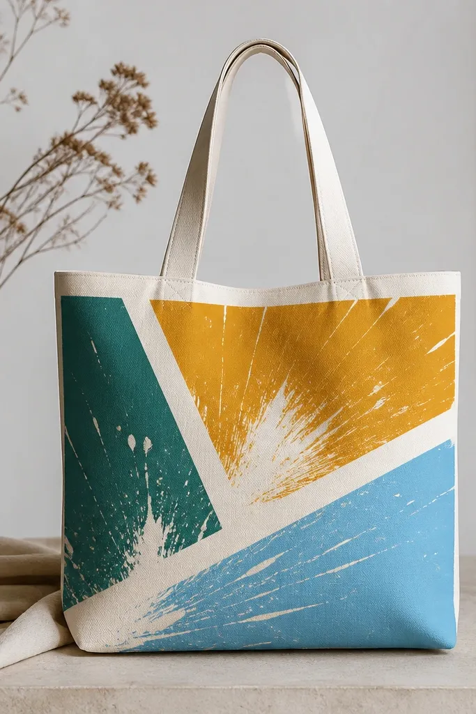 A cream tote with bold abstract blocks: teal, mustard, and sky blue splashes separated by sharp white tape lines. The edges are crisp, and the splashes look like paint flicks inside each block.