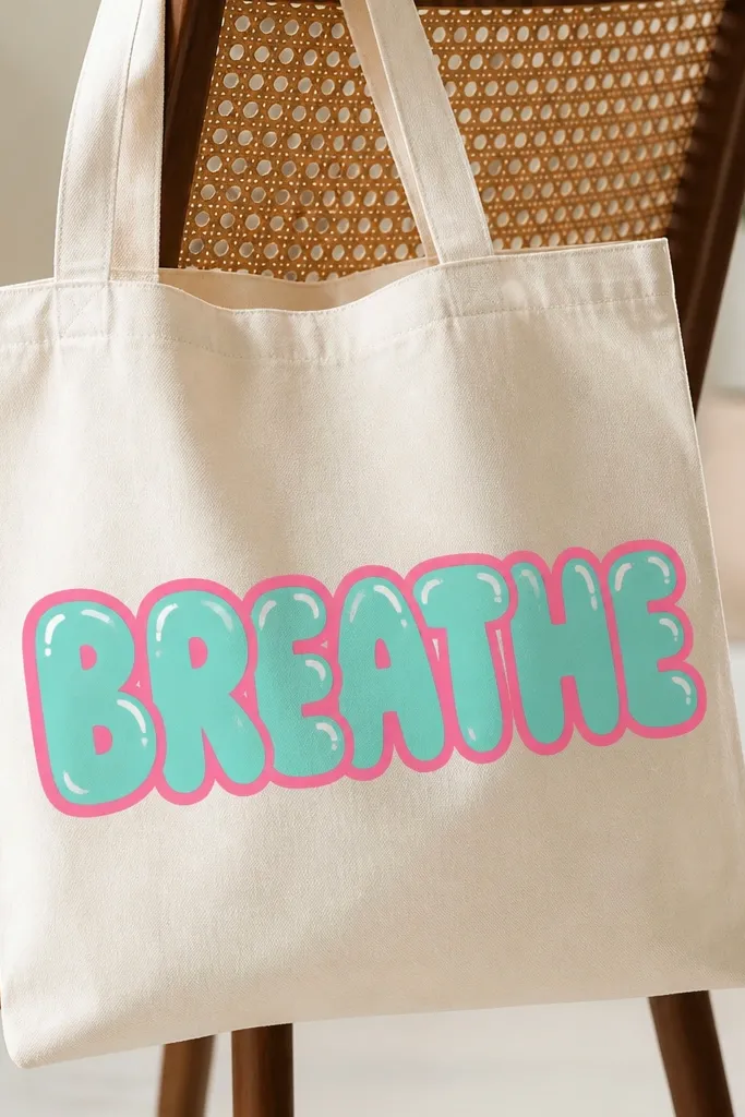 A natural canvas tote with the word 'BREATHE' in neon pink outlined thickly. The inside of each letter is filled with soft bubble-style teal, with small white highlights on the letter edges.