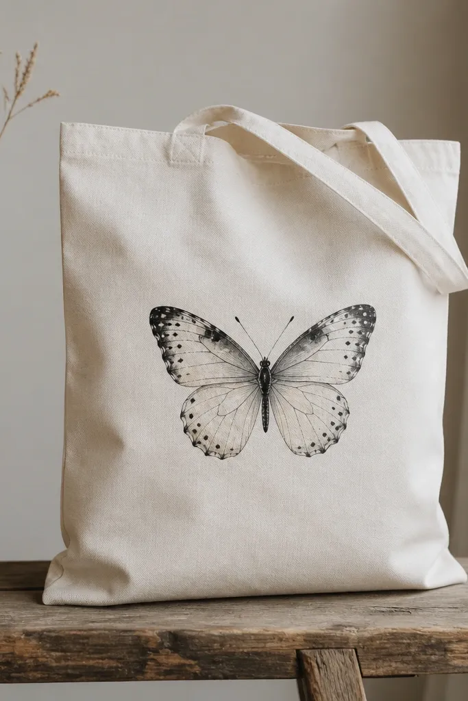 A light canvas tote with a single butterfly centered on the front. The wings are monochrome black and gray with speckled dots and soft shading; the body is a thin dark line.