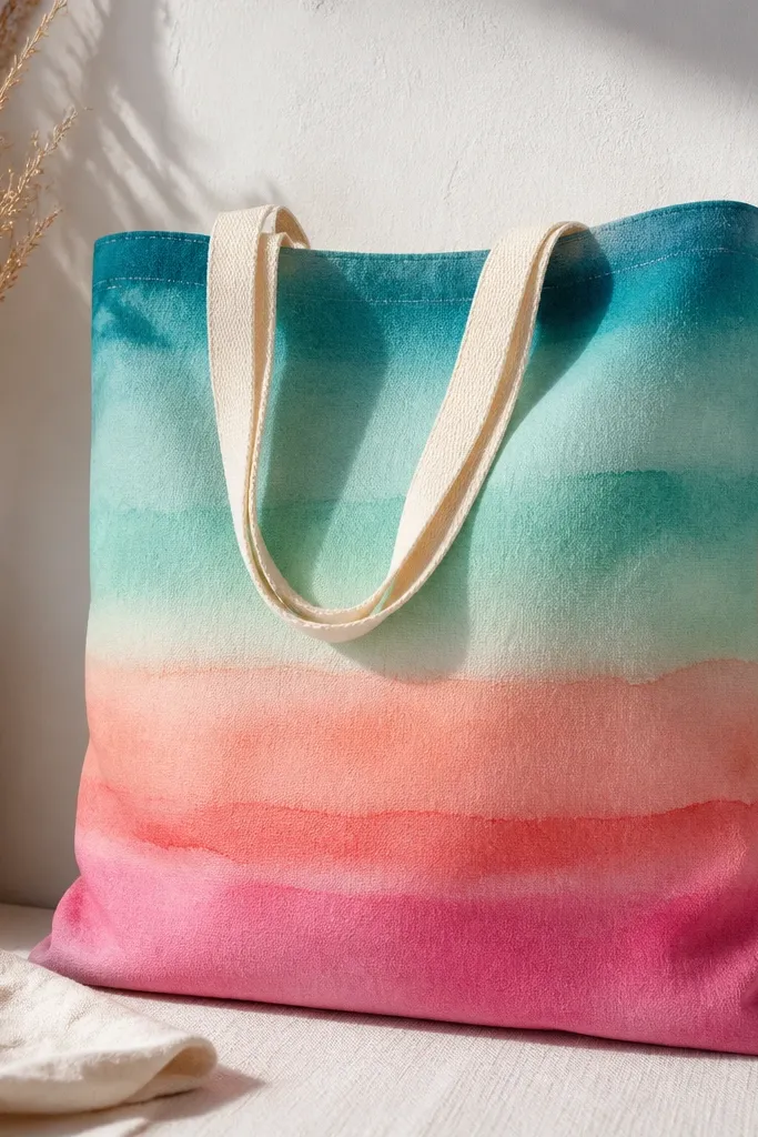 A tote bag with horizontal watercolor stripes that fade from one color into the next: teal to aqua, then coral to pink. The edges are soft and slightly blurry like real watercolor paper.