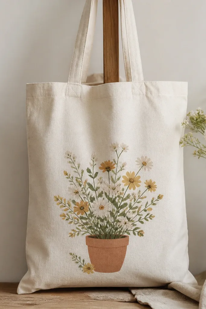 A tote bag with a terracotta pot painted near the bottom center. Inside and around the pot are simple flowers in cream, mustard, and soft green stems, with small leaf shapes.