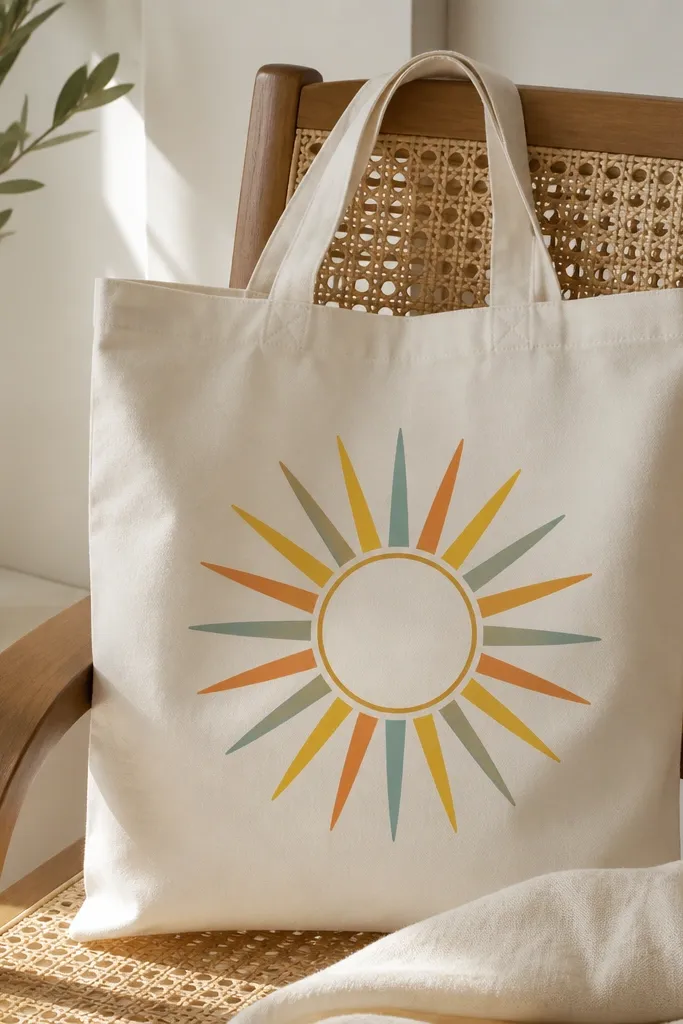 A cream tote with a centered sunburst design. Rays alternate between bright yellow, orange, and a muted teal, with a clean circle outline at the center.