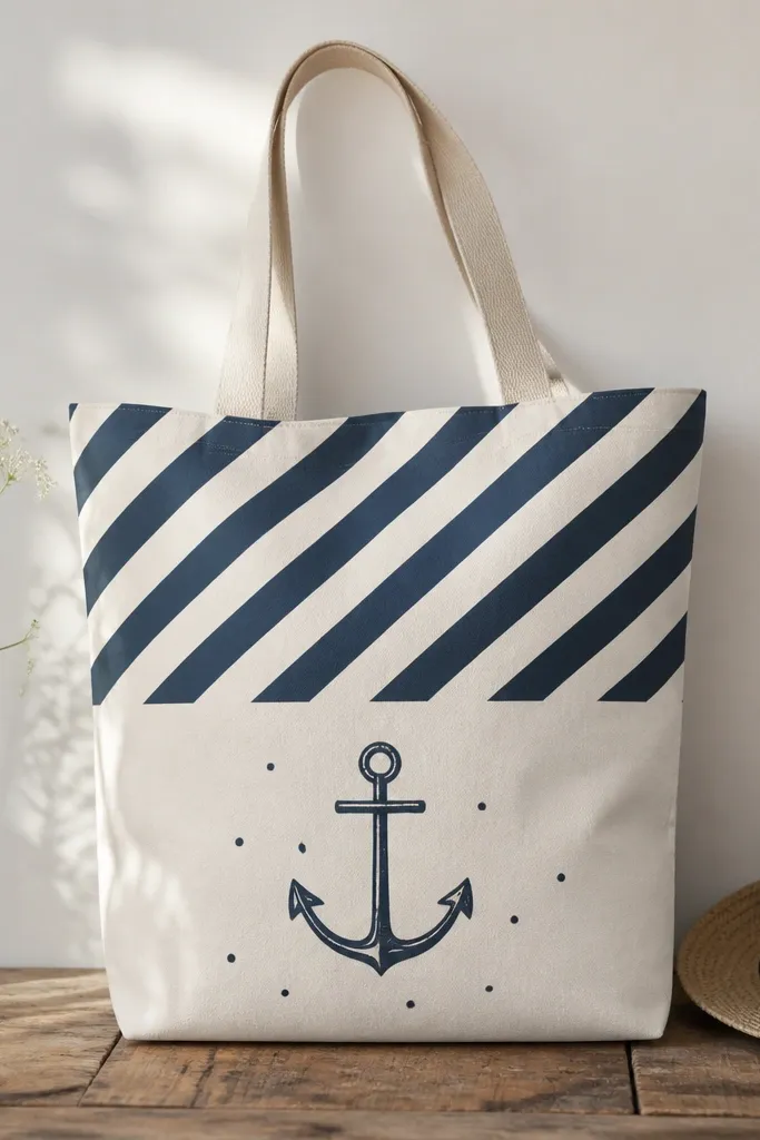 A tote bag with navy and white diagonal stripes across the top half. On the lower half, a simple hand-drawn anchor in navy sits centered with small dots around it.
