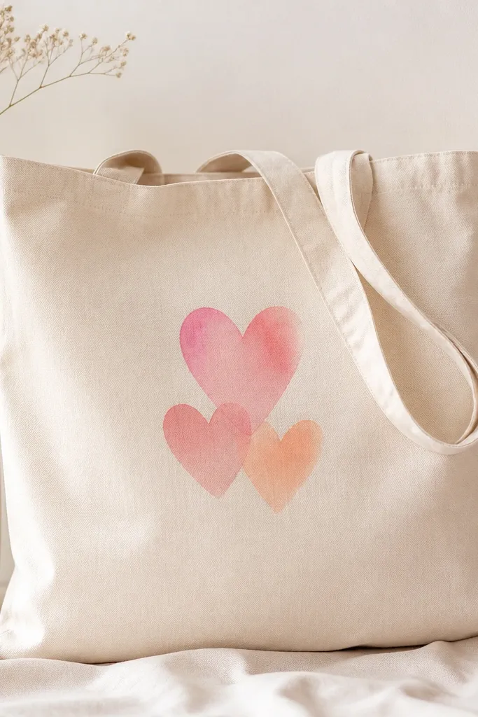 A tote bag with a cluster of three hearts near the center. The hearts fade from darker pink at the top to lighter peach at the bottom, with no harsh outlines.