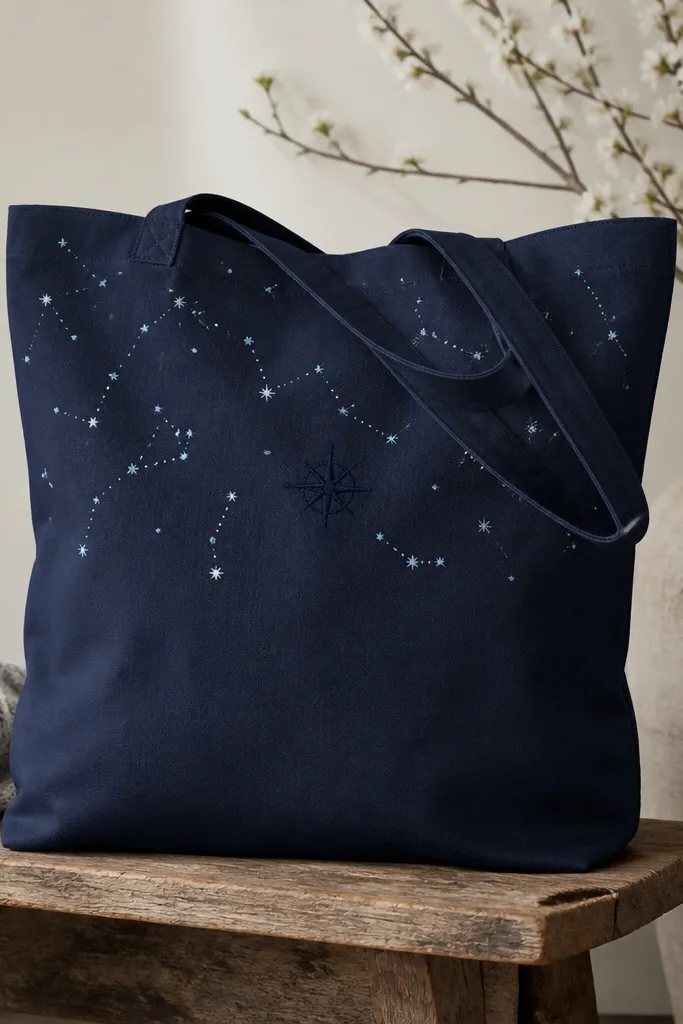 A tote with scattered white and pale blue dot constellations across the top half. Near the center is a small compass rose icon in dark navy with thin spokes.