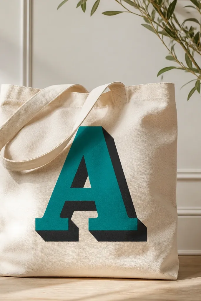 A tote bag with a large monogram letter in bright teal. Behind it sits a shadow letter offset down and right in black, with clean edges and a matte finish.