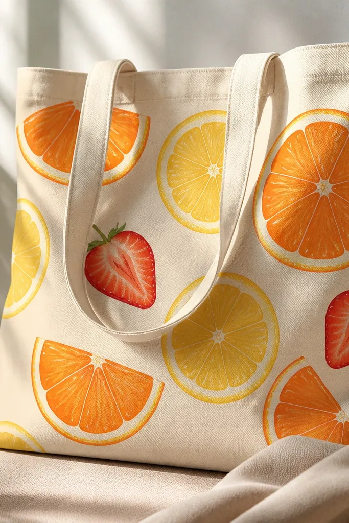 A tote bag with painted citrus slices: orange segments in bright orange, lemon slices in yellow, and a few strawberry halves. Each fruit has small white highlight arcs near the top of each slice.