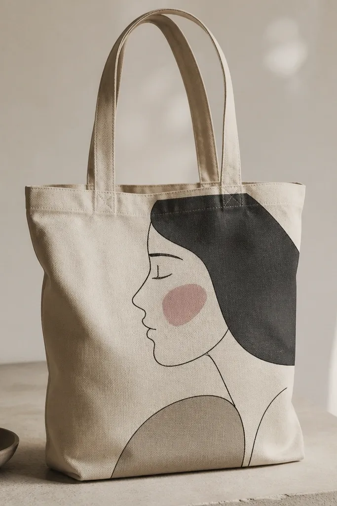 A tote bag with a side profile face painted in muted beige, taupe, and muted black. The line work is thin, and there are soft blush cheek areas in dusty pink.