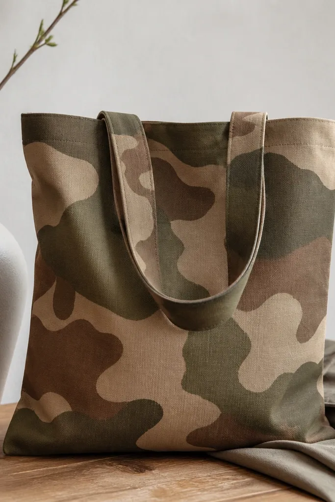 A tote bag with a camouflage pattern made from irregular blobs in olive green, tan, and a muted brown. The edges are slightly feathered, not sharp.