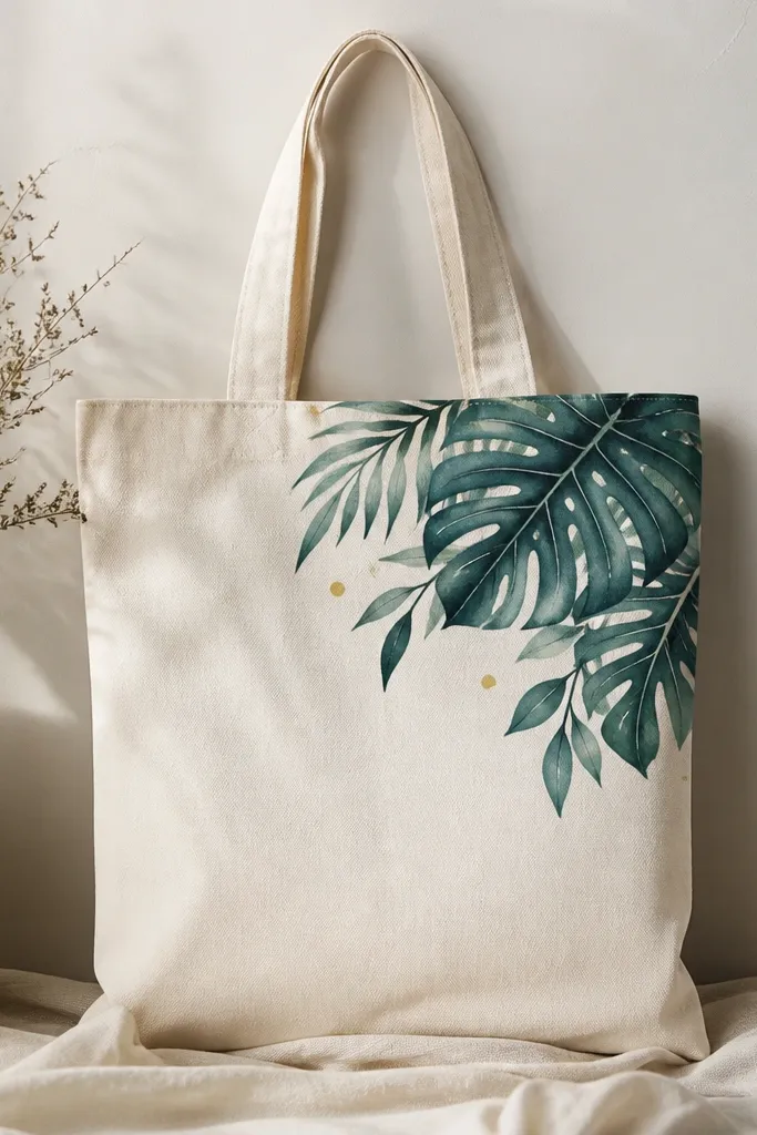 A tote bag with large tropical leaves painted in deep green and teal in the top right corner only. The rest of the tote stays blank, with a few small yellow dots as accents.
