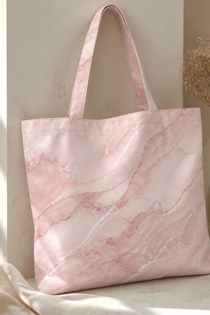 A tote bag with a soft pink marble background. Thin white and pale rose veining lines swirl across the center, with a faint darker pink clouding.