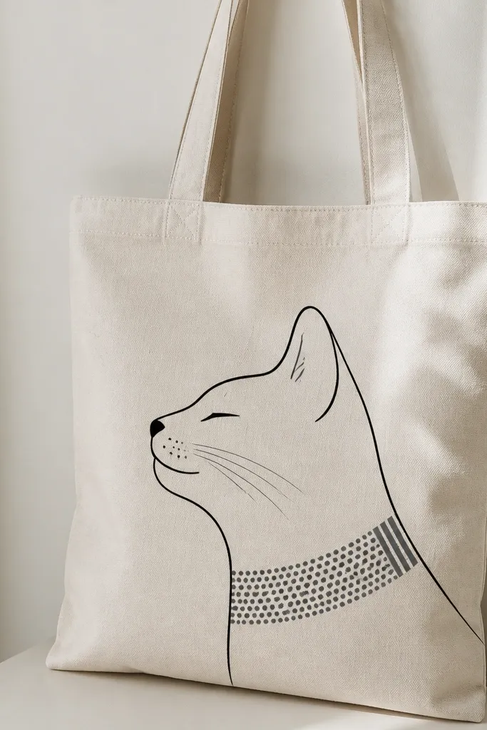 A tote bag with a simple black line cat face in profile. The collar is filled with tiny repeating dots and a few short stripes in gray.