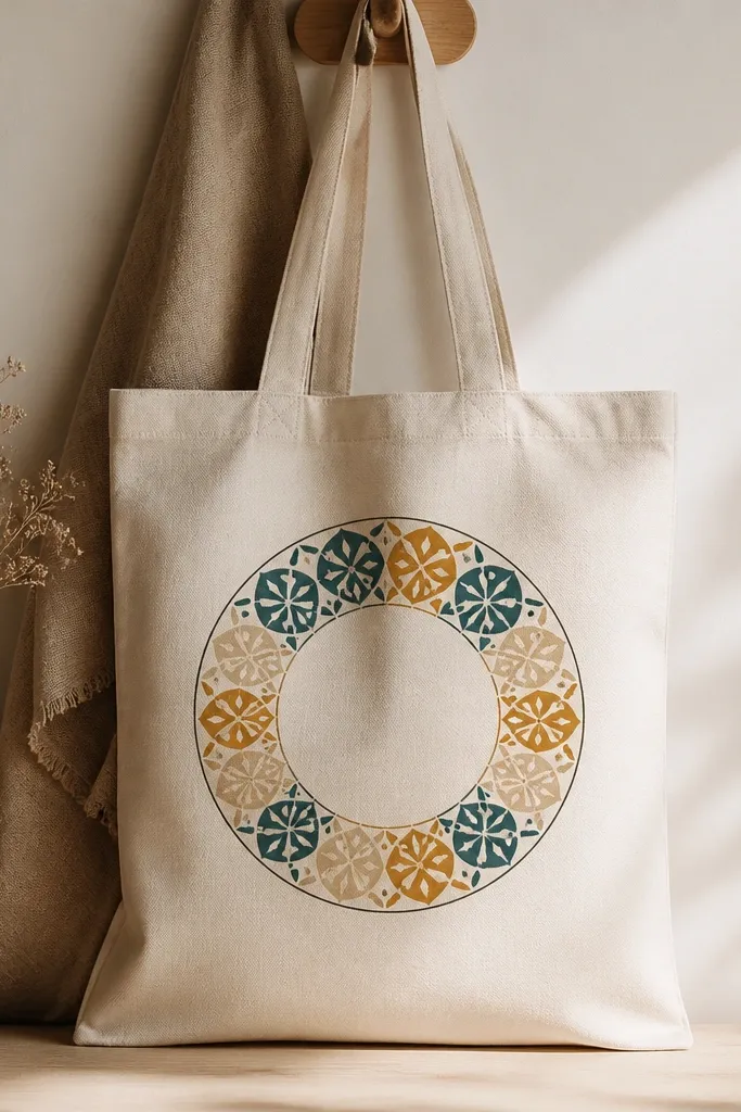 A tote bag with a centered mandala ring made of repeated small shapes. The ring has segments about 1 inch each, alternating teal, gold, and cream, with a thin dark outer circle.