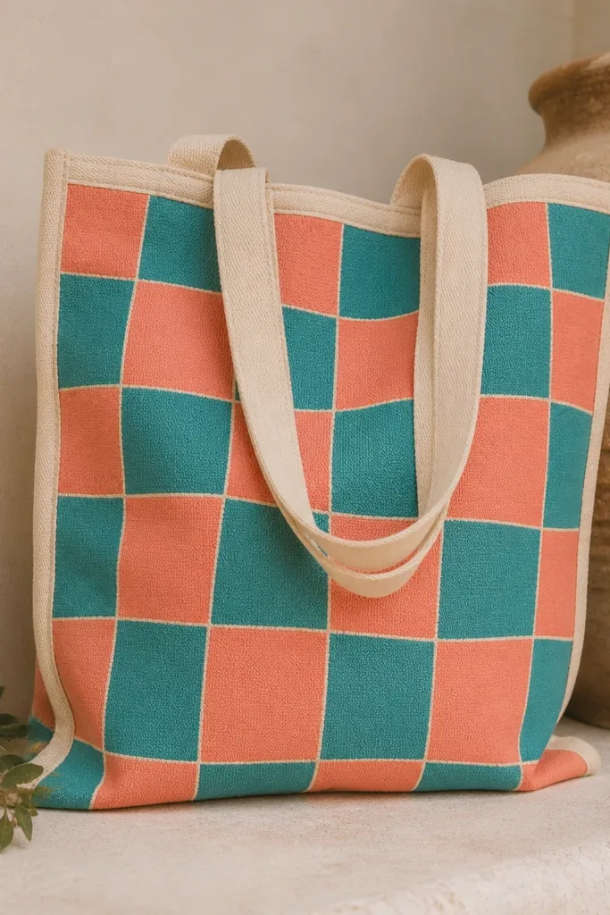 A tote bag with a checker pattern in alternating blocks of coral and teal. The checker squares are slightly uneven in size for a handmade look, and there's a thin cream border line around the pattern.